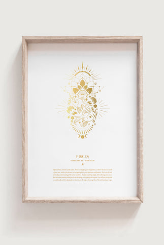 Gold Pisces Zodiac Art Print in frame on cream background