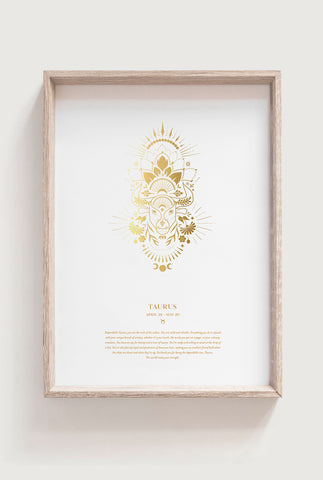 Gold Taurus Zodiac Art Print in frame on cream background