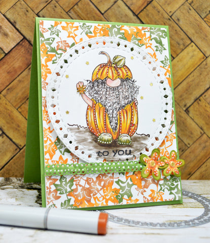 Cute little greeting card to YOU!  Jack O'Gnome free digital stamp from TLCDesigns.shop is on center display in this project full of fall colors Orange and Green