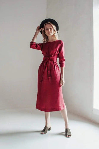 PRE-ORDER Burgundy Belted Linen Dress - Long sleeve / Midi