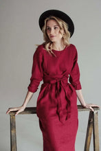 PRE-ORDER Burgundy Belted Linen Dress - Long sleeve / Midi