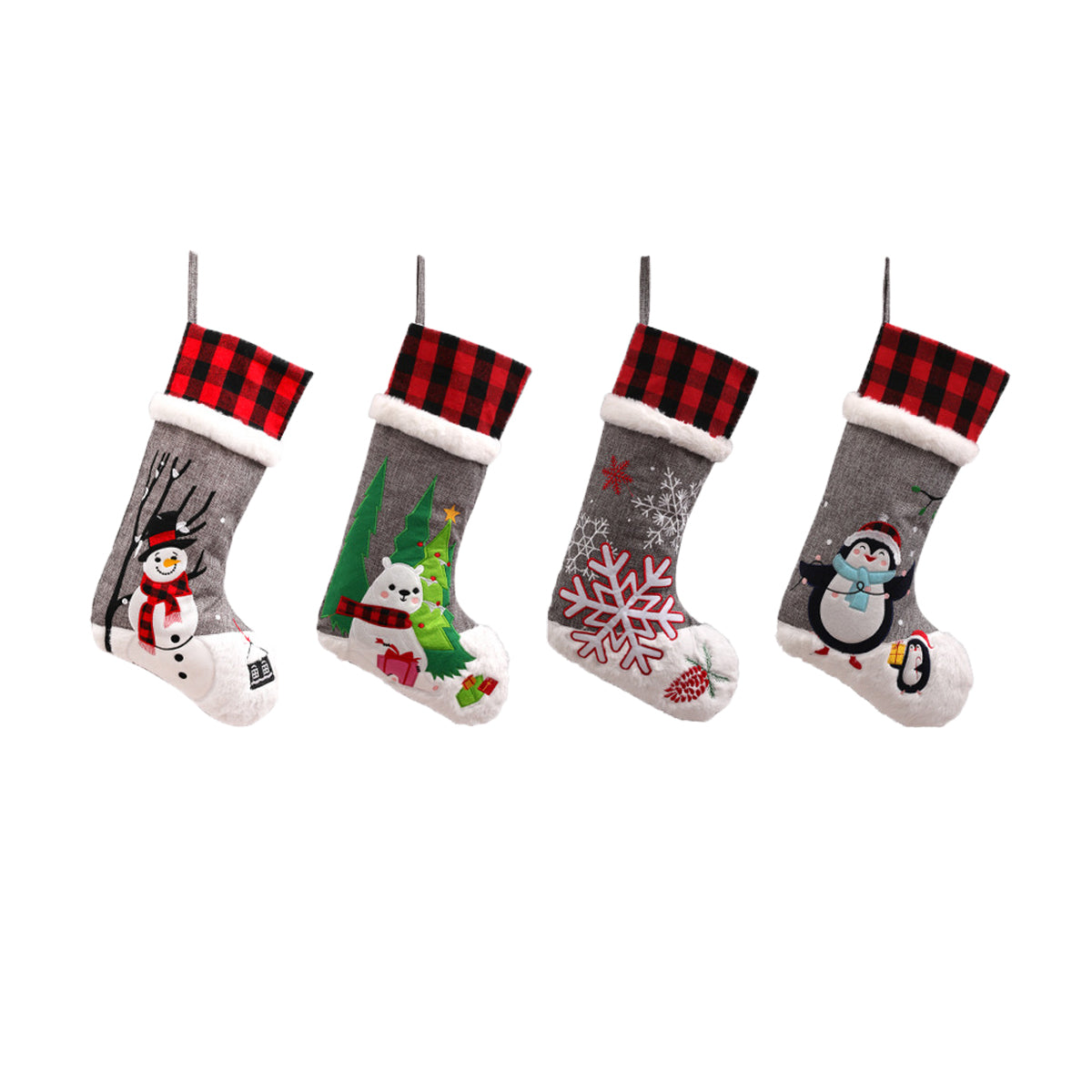 Extra Large 21in Christmas Stocking with Plaid Cuff 4Pc Set