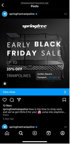 Springfree Trampoline Instagram post about Black Friday deals.