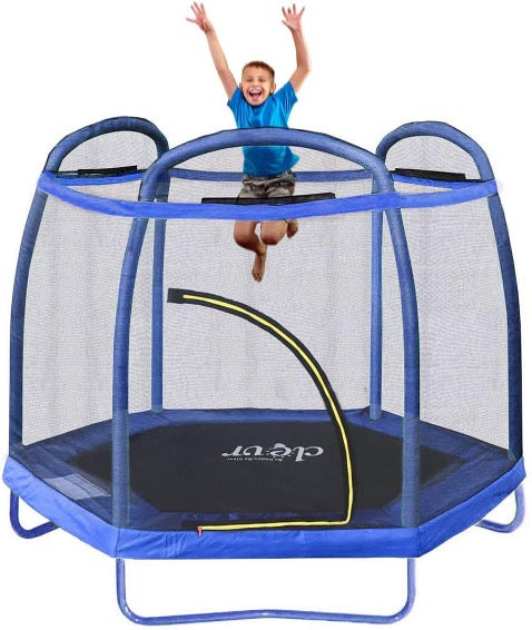 A young boy jumping in mid air on the Clevr 7 ft Trampoline.