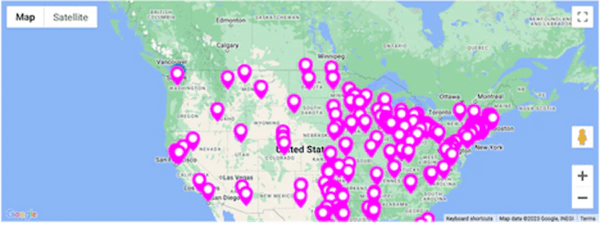 Pins on a virtual map, representing the Springfree Trampoline dealer locations in the US.