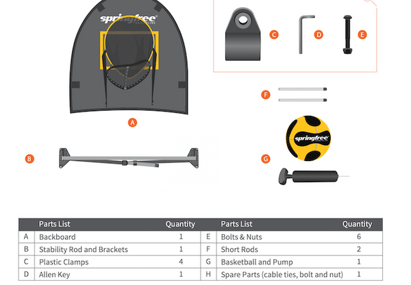 Springfree Trampoline basketball hoop parts.