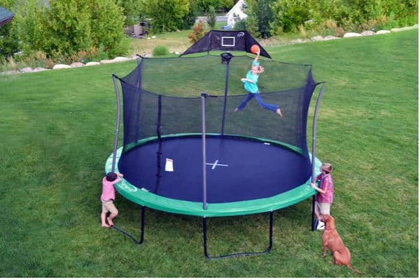 A child dunking on a Propel Trampoline with Basketball Hoop while two other kids and a dog watch from the outside.