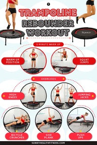 A trampoline rebounder workout with exercise demonstrations.