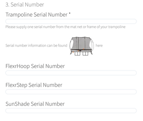 Serial number section when registering a Springfree Trampoline warranty.