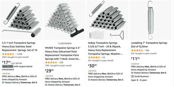 Trampoline replacement springs on Amazon.