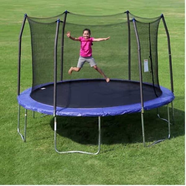 A little girl jumping in mid-air on a blue Skywalker Trampoline.