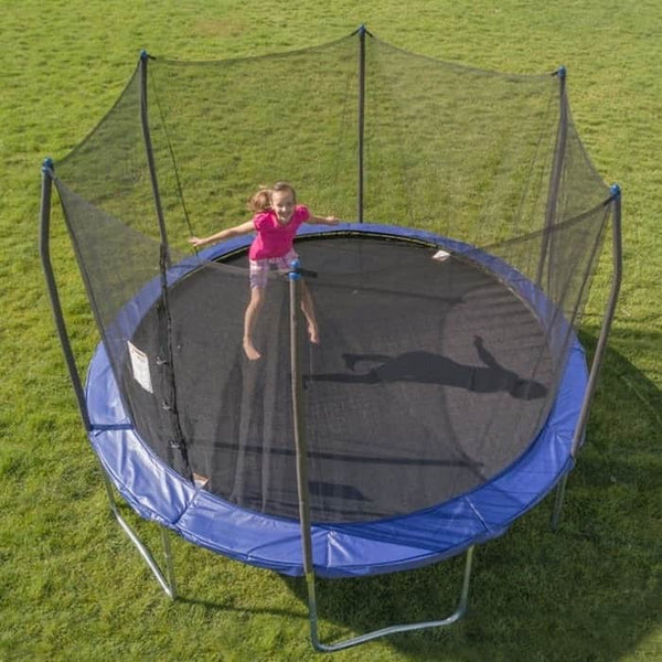 A girl jumping on a blue Skywalker Trampoline.