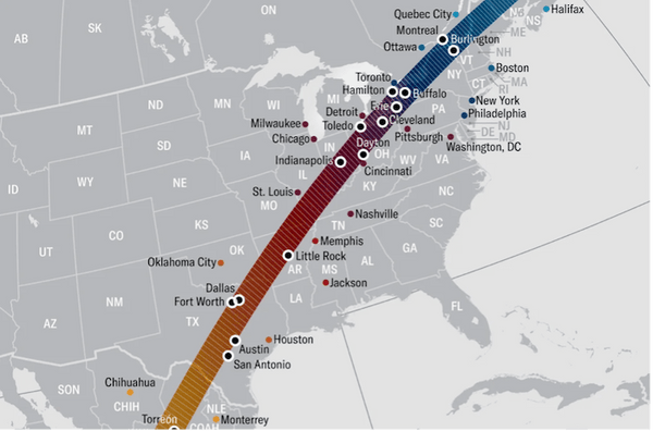 A map of the 2024 total solar eclipse's path.