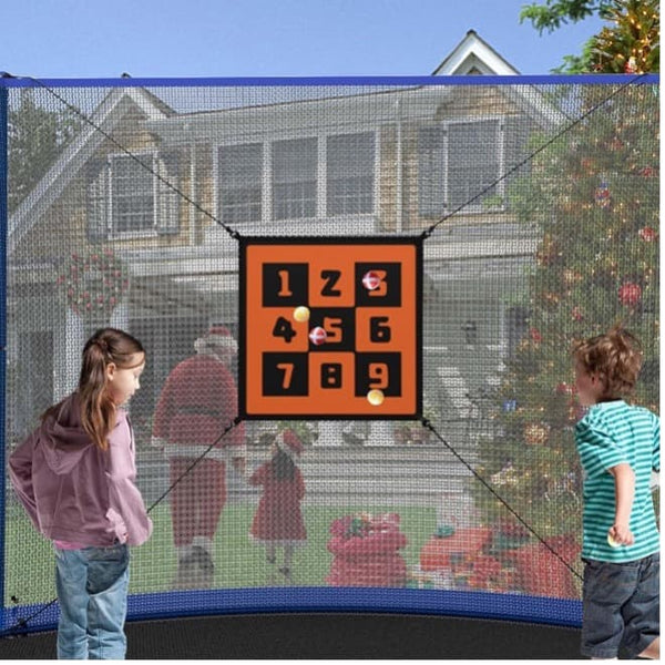 Two kids playing the trampoline triple toss game on a trampoline.