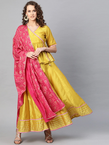 yellow_peplum_Lehenga_set_pink_dupatta