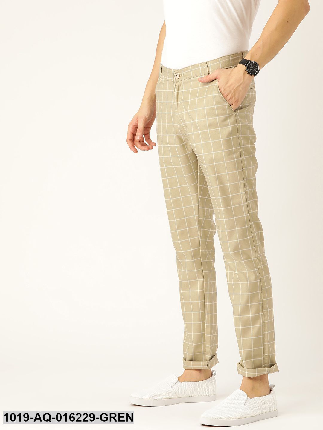 Mens Cotton Blend Light Beige  Green Checked Formal Trousers  Sojan   Trendia