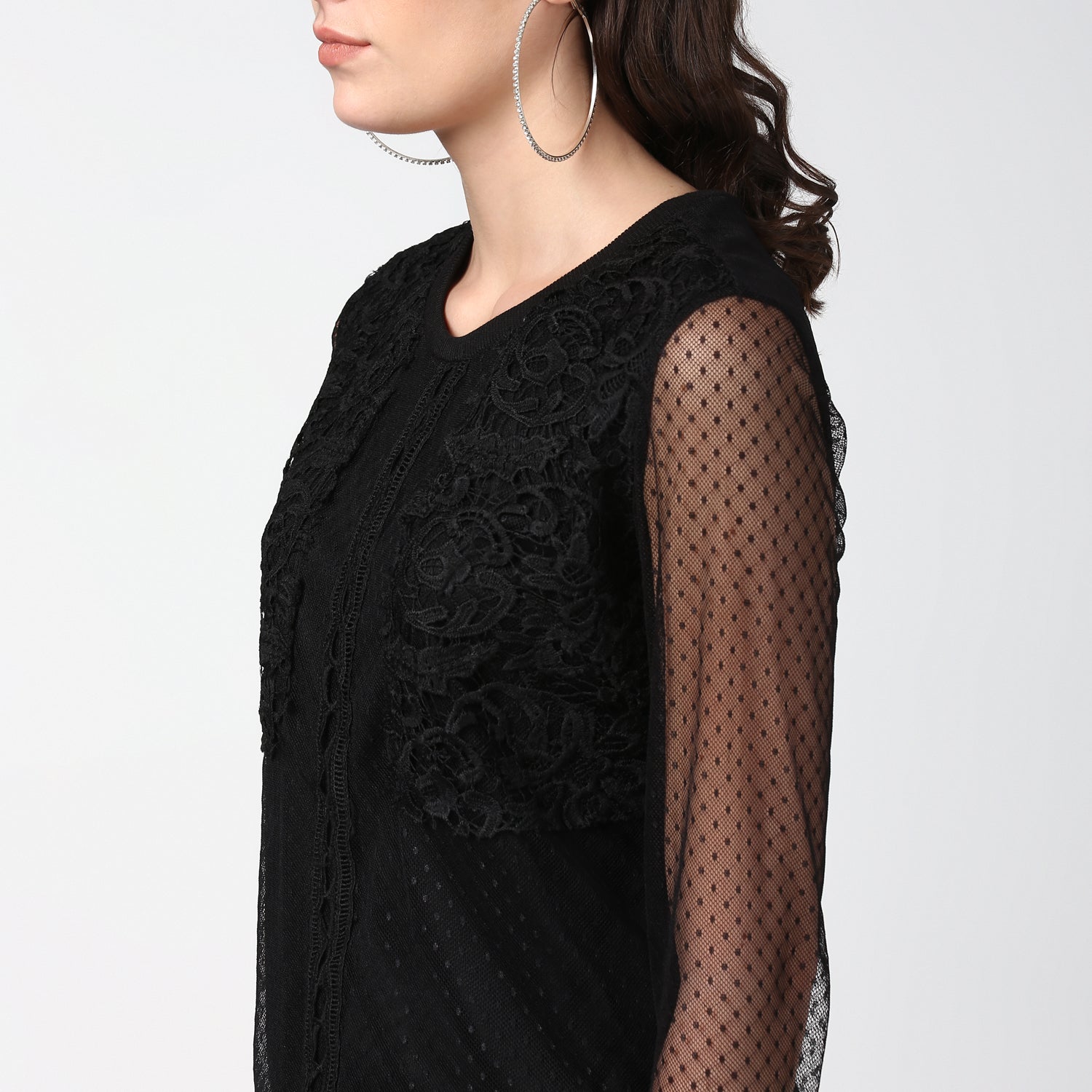 Women's Black Lace and Crochet Self Design Top - StyleStone