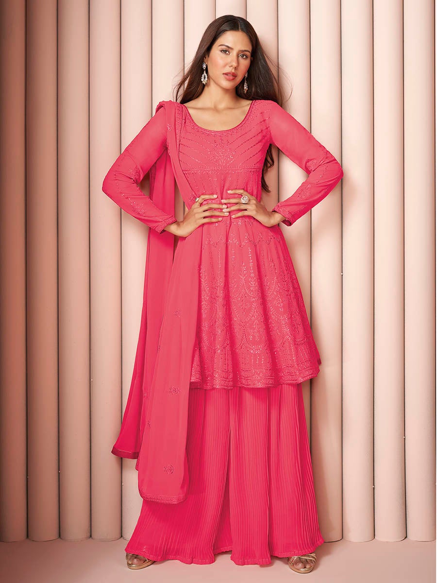 Women's Pink Heavy Embroidered Real Georgette Sharara Suit-Myracouture