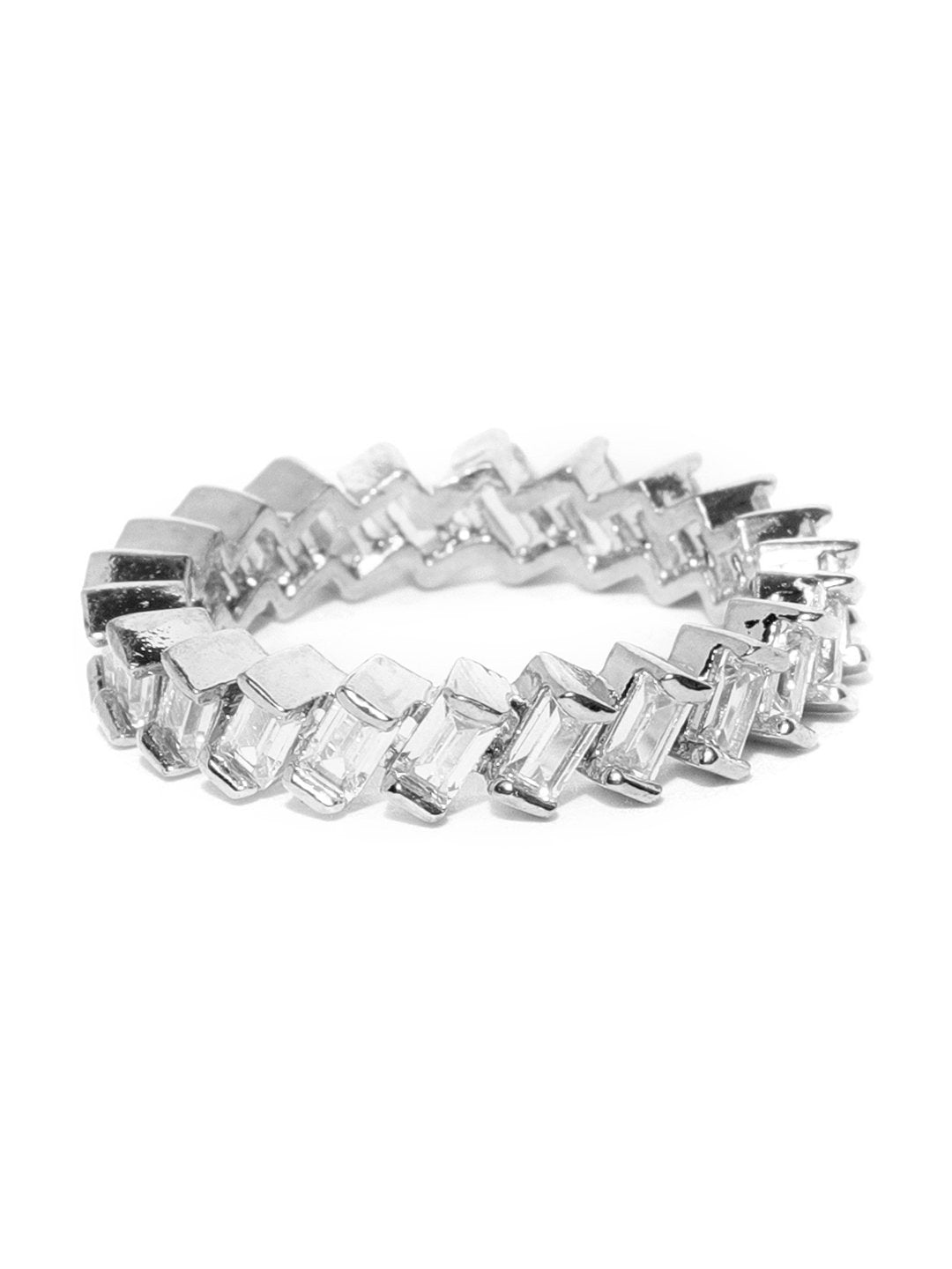 Women's Silver Plated American Diamond Studded Zig Zag Shaped Finger Ring - Priyaasi