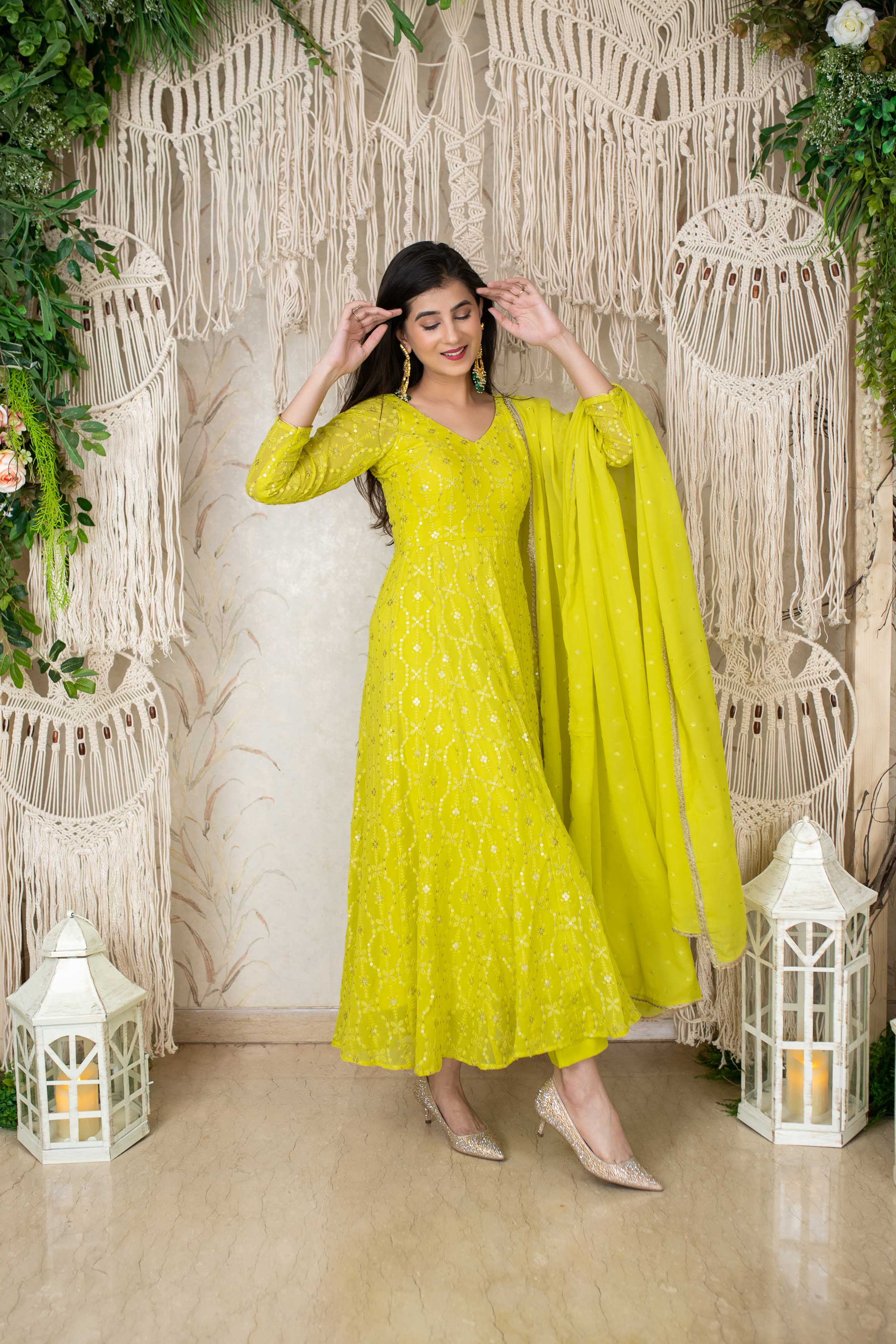 Women's Lime Green Embroidery Anarkali Set (3pc Set) - Label Shaurya Sanadhya