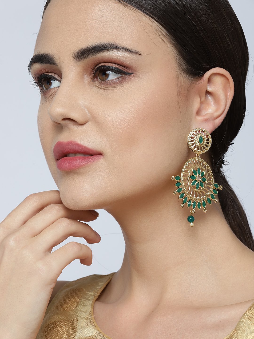 Women's Gold Plated Emerald Stone Studded Circular Drop Earrings - Priyaasi