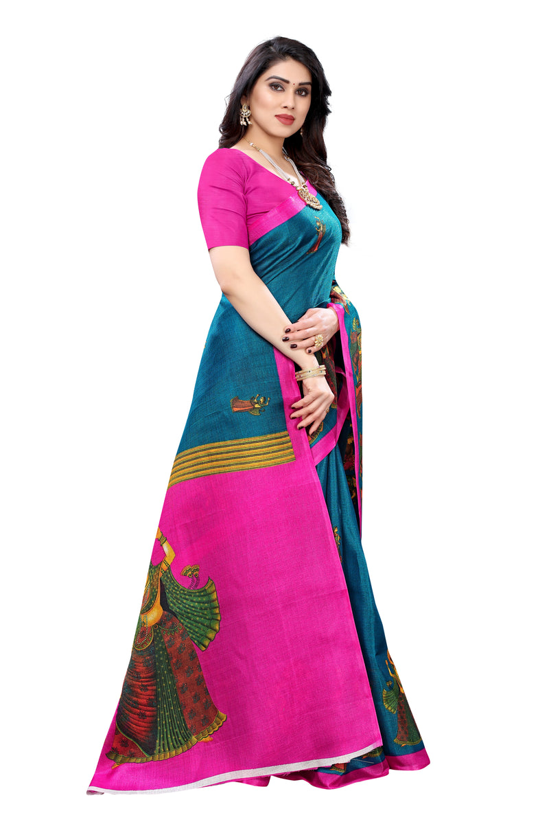 Women's Sky Blue And Pink Khadi Silk Printed Saree - Dwija Fashion ...