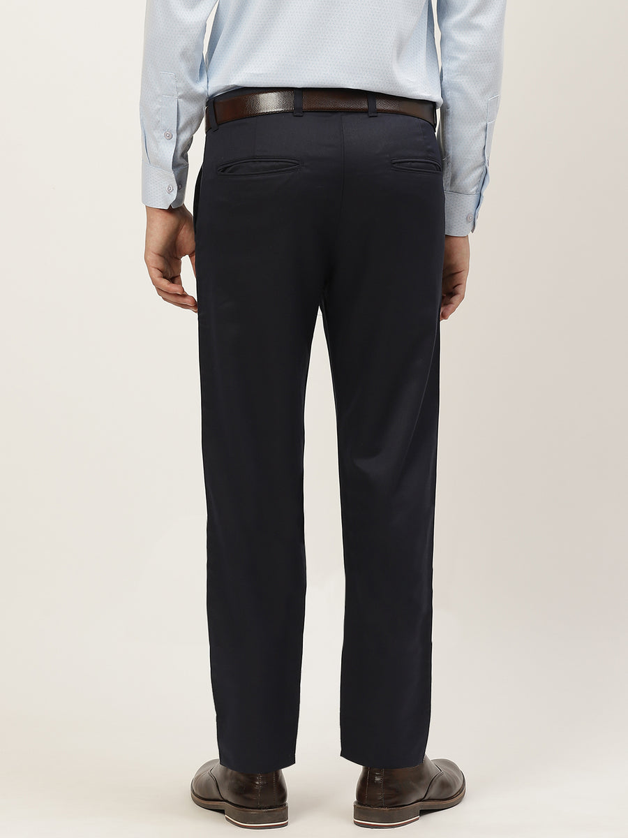 Men's Cotton Blend Dark Navy Blue Solid Formal Trousers - Sojanya – Trendia