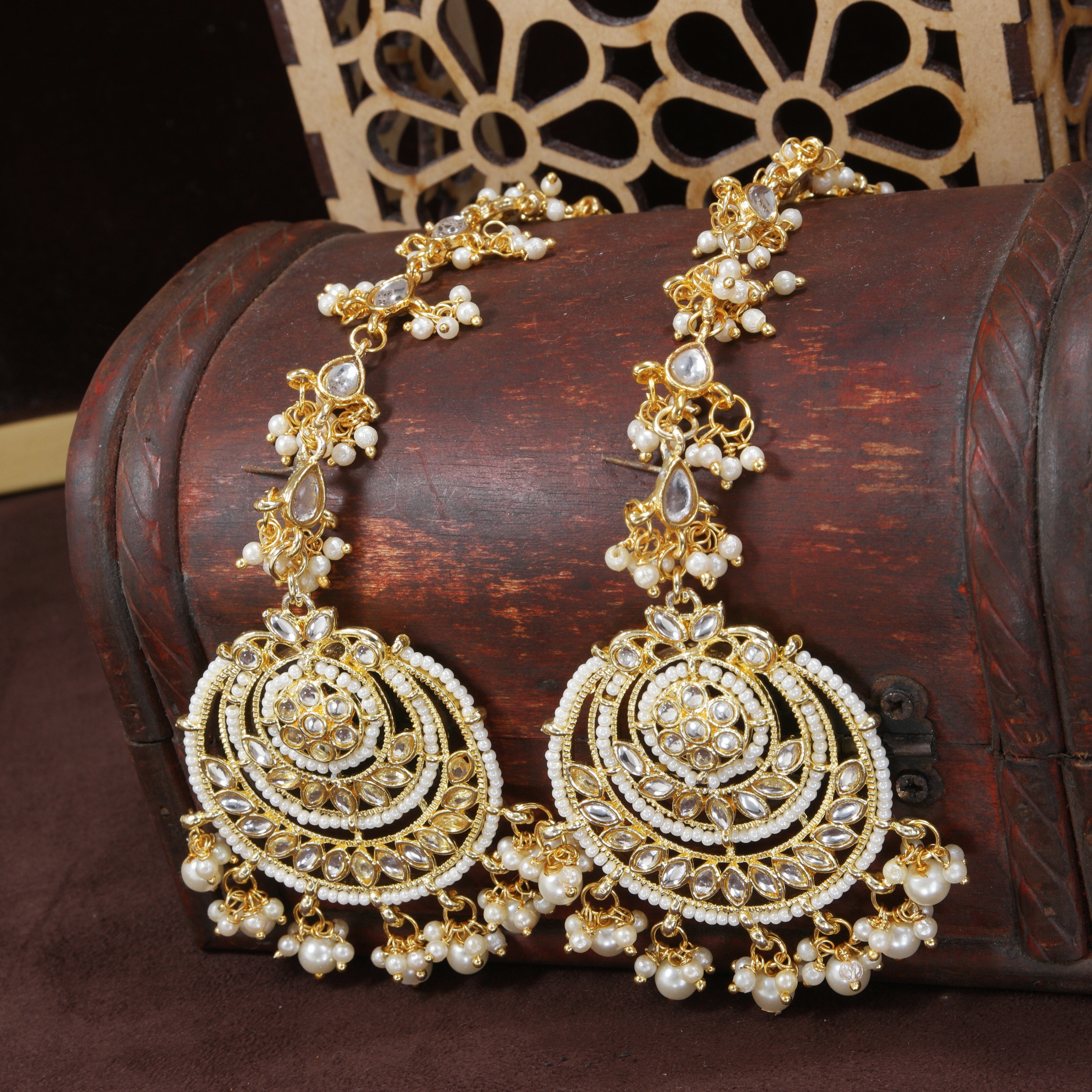 Gold Finish Hair Chain Jhumkas In Sterling Silver Design by Tribe Amrapali  at Pernias Pop Up Shop 2023