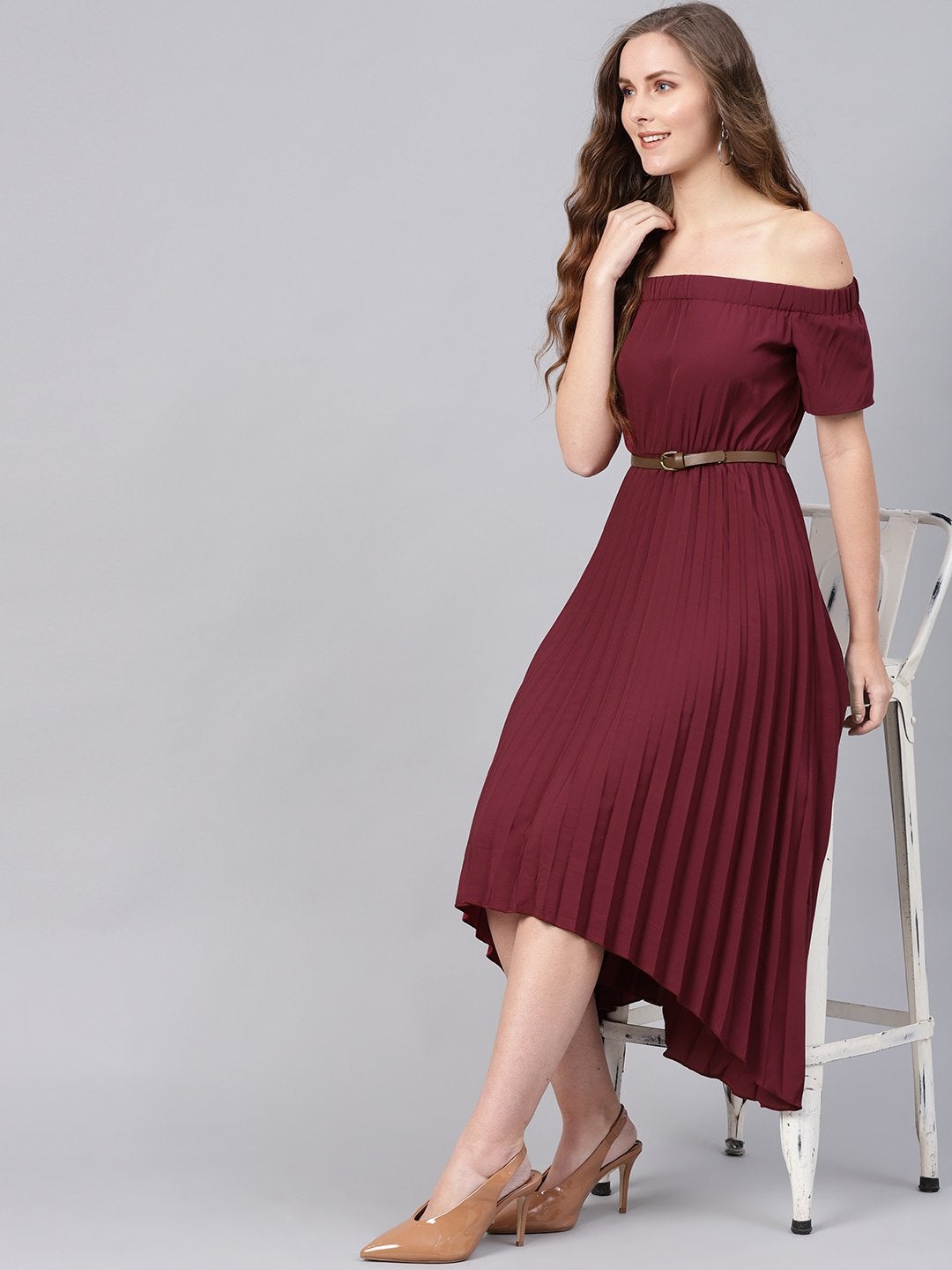 Buy Women S Burgundy Off Shoulder High Low Belted Pleated Dress Sassafras Fashion Online At Best Price Trendia