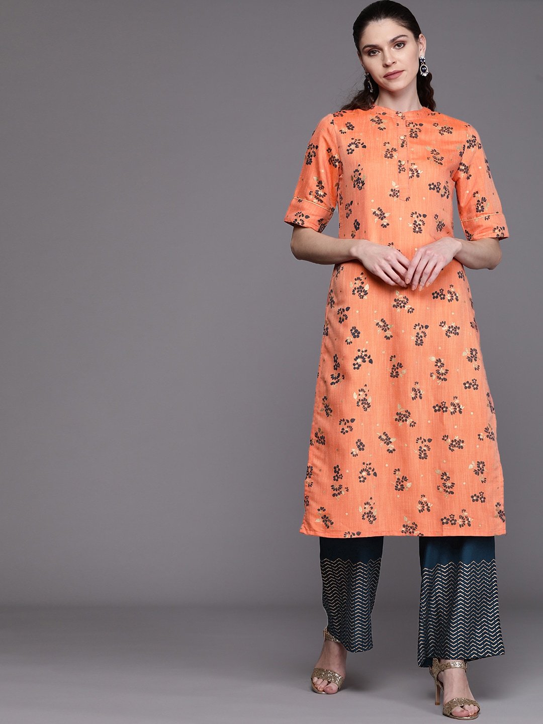 Buy Womens Peach Coloured And Teal Blue Floral Print Kurta With Palazzos