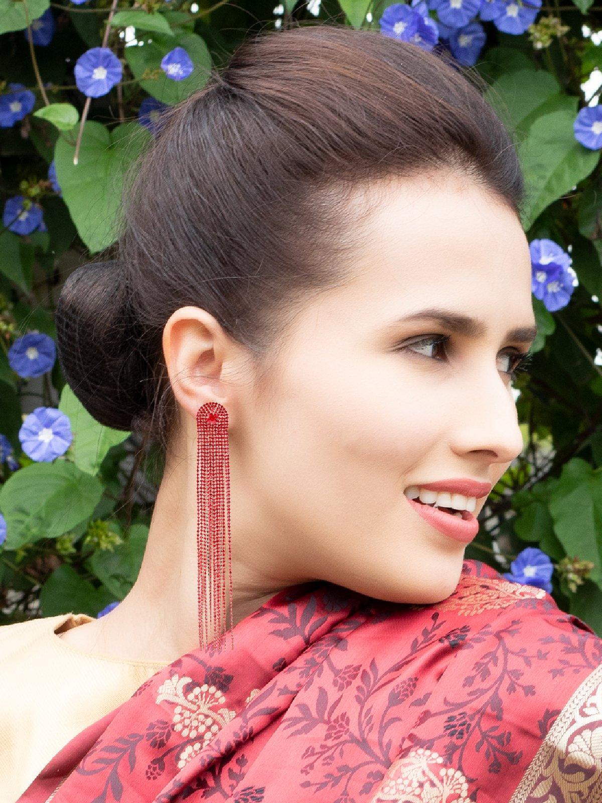 Women's Red Straight Crystal-Embellished Drop Tassel Earrings - – Trendia