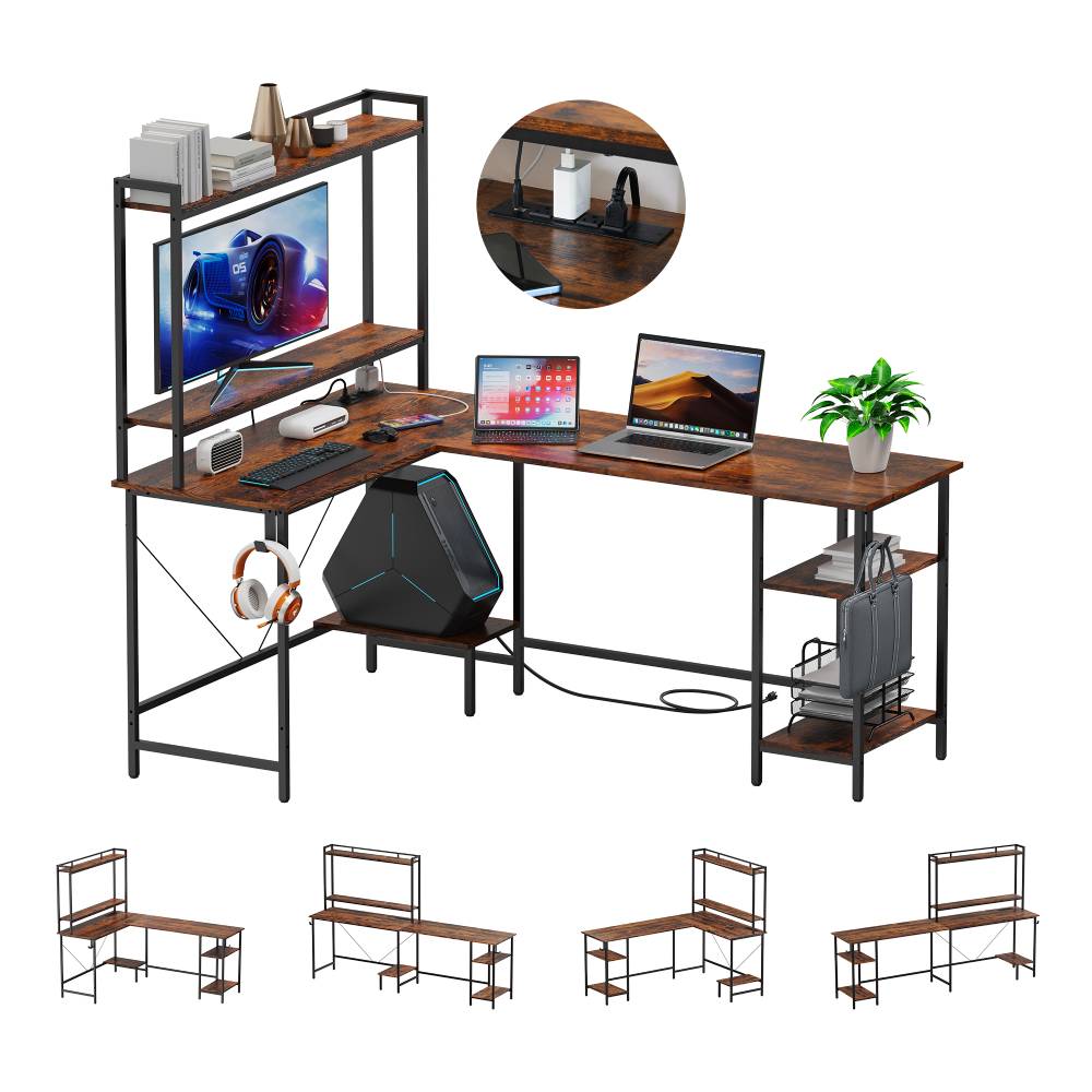Home Office Computer Desk with File Drawer, LED Strip, Ergonomic L-Sha