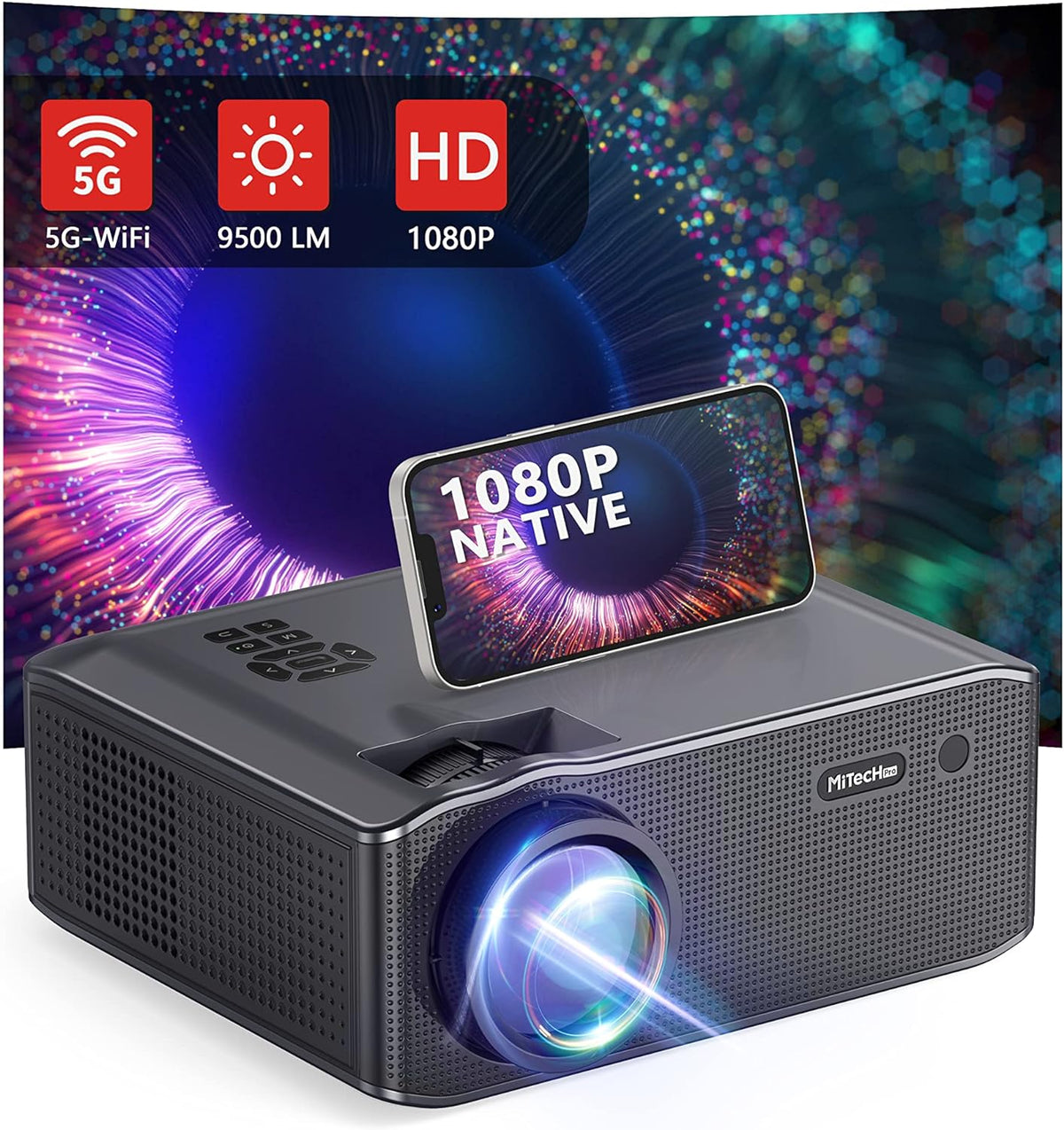 Projector with WiFi and Bluetooth, FUDONI 5G WiFi Native 1080P Outdoor