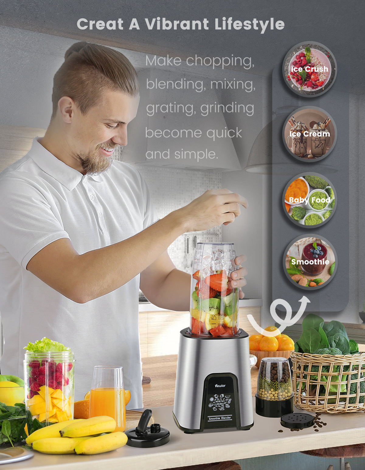 KOIOS 900W Countertop Blenders for Shakes and Smoothies, Protein Drinks  Baby Food Nuts Spices, Grinder for Beans, 11 Pes Personal Blender for  Kitchen