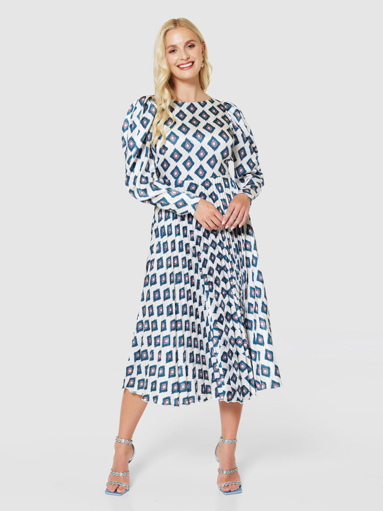 Image of Closet London Print Pleated Dress Ivory