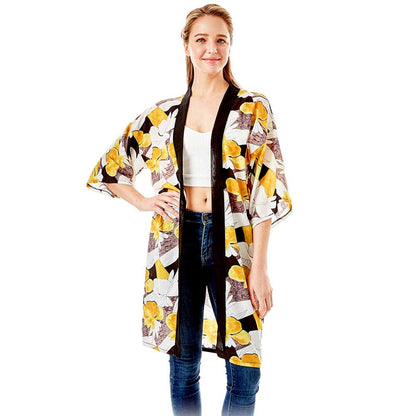 Yellow  Tropical Printed Half Sleeves Cover Up Kimono Poncho, on trend & fabulous, a luxe addition to any weather ensemble. The perfect accessory, luxurious, trendy, super soft chic capelet, keeps you warm and toasty. You can throw it on over so many pieces elevating any casual outfit! Perfect Gift for Wife, Mom, Birthday, Holiday, Anniversary, Fun Night Out.