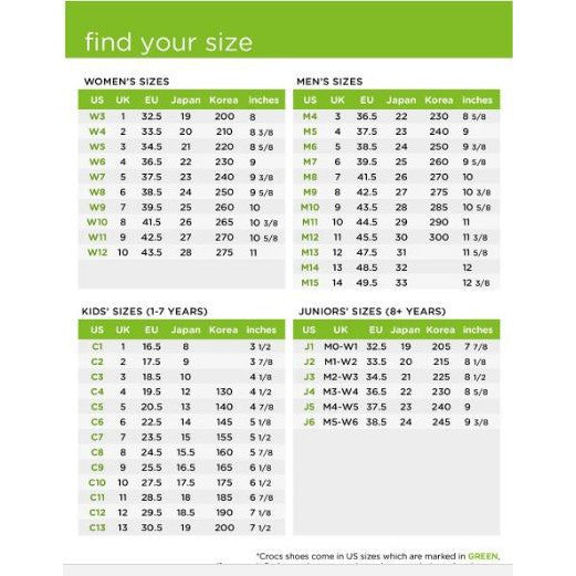 crocs literide size chart