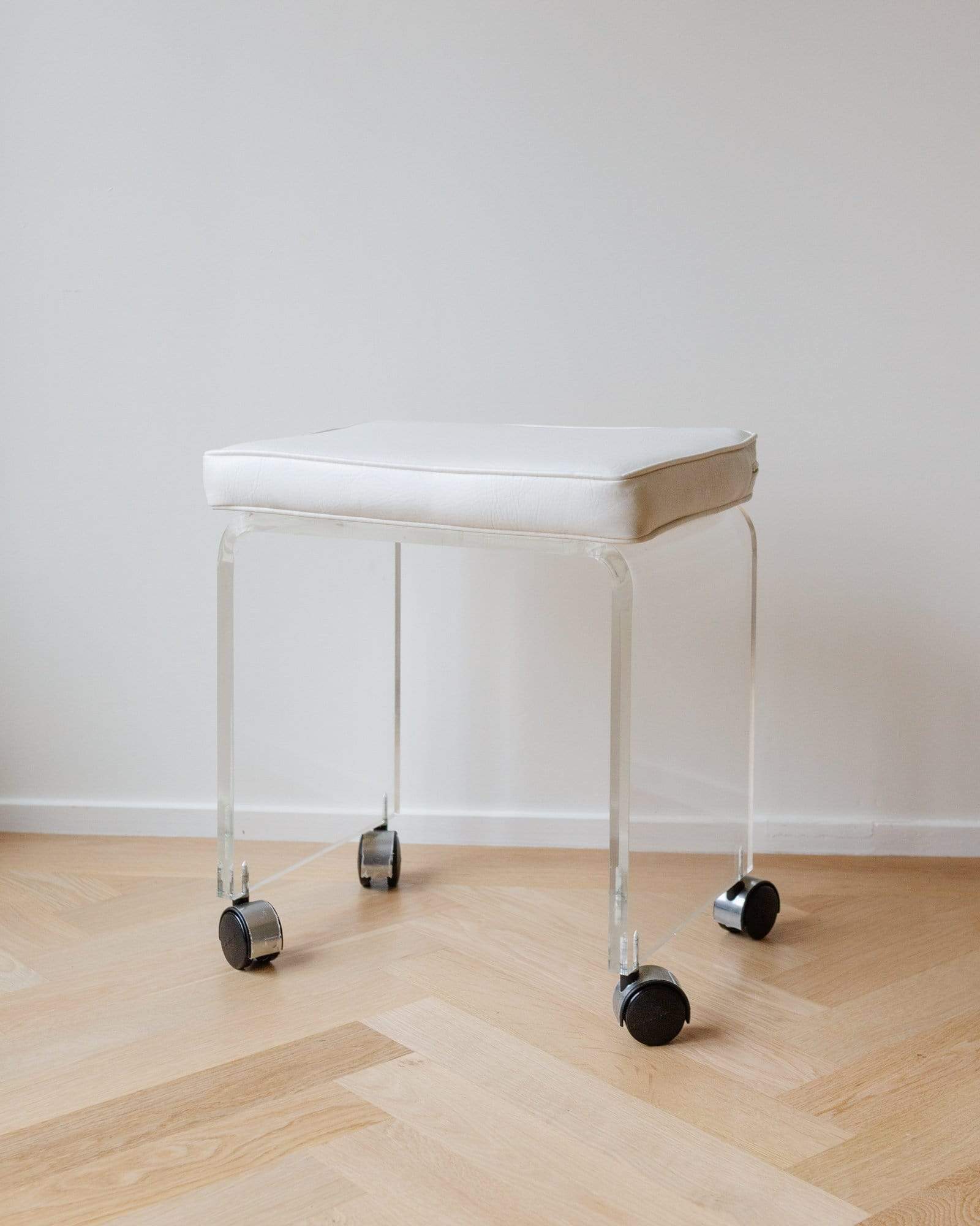 1970s waterfall lucite vanity stool white faux leather seat