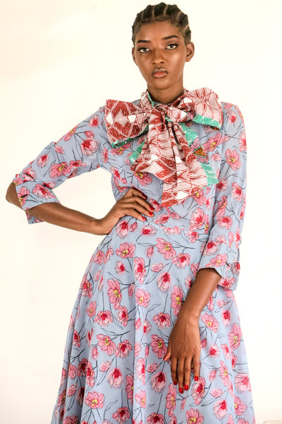 2FOR18K)POG BLUE X PINK FLORAL PRINT DRAWSTRING DRESS - Debrasgrace