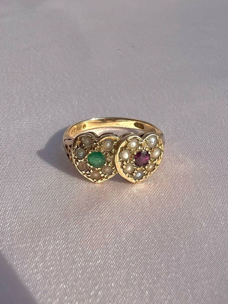 Vintage 9k Emerald Ruby Seed Pearl Heart Ring 1970#N#– 23carat