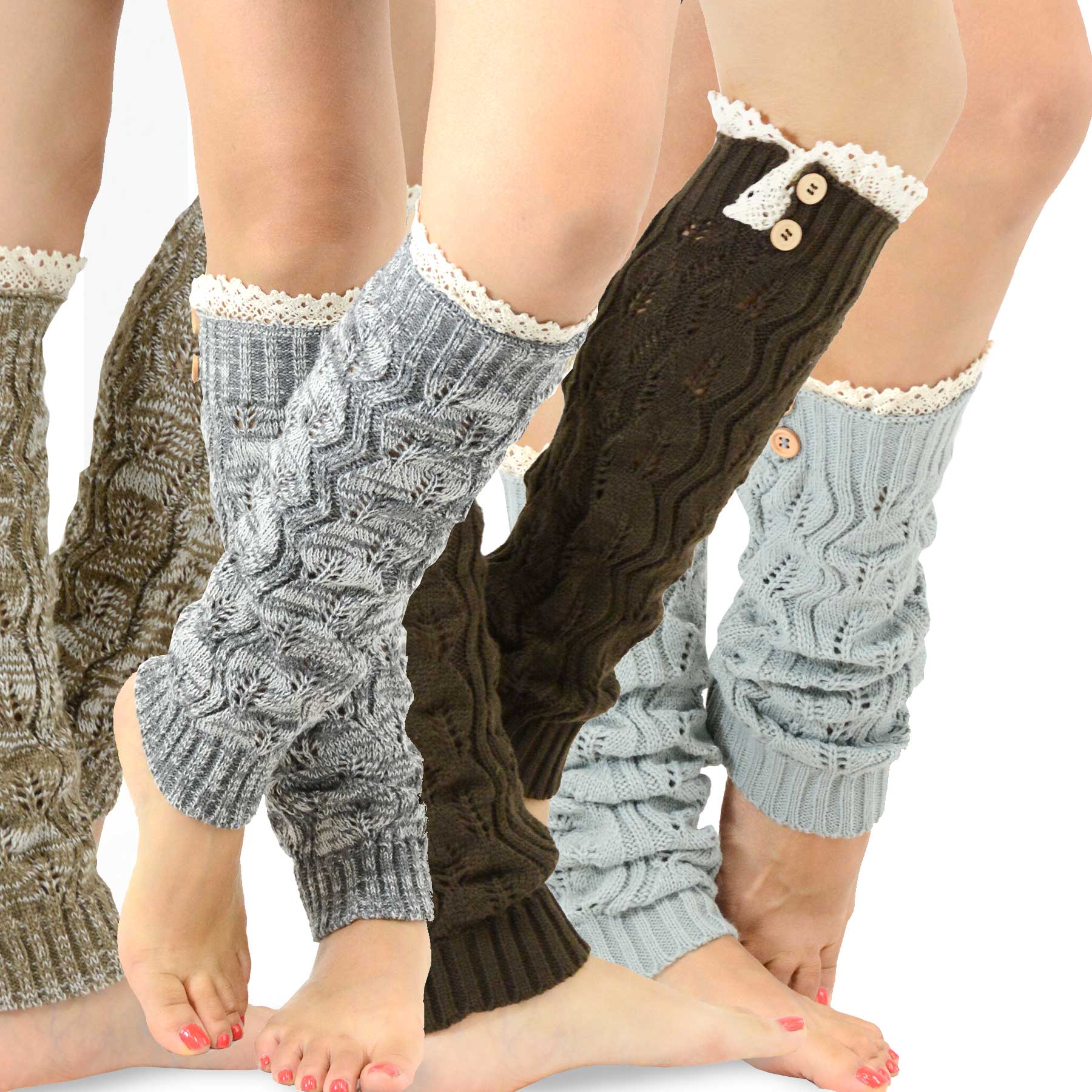 TeeHee Socks Women's Acrylic Leg Warmer Lace with Button 4-Pack Gift B