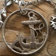 Load image into Gallery viewer, Spanish 50 Centimos, Hand Cut Coin Anchor Pendant.
