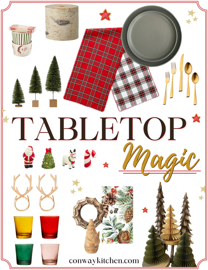 collage of tabletop merchandise in christmas them for setting a magical dinner table available at conwaykitchen.com