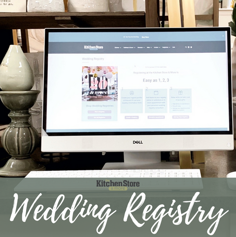 wedding registry graphic for the kitchen store and more shows a computer screen with the registry showing