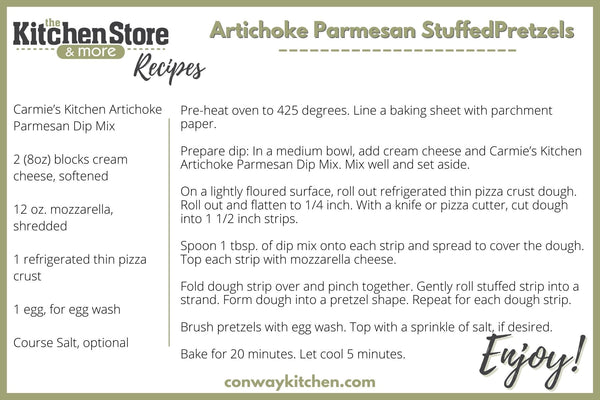 The Kitchen Store Branded recipe card for artichoke parmesan stuffed pretzels.