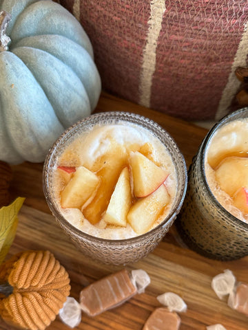 top view of a glass of caramel apple cider float