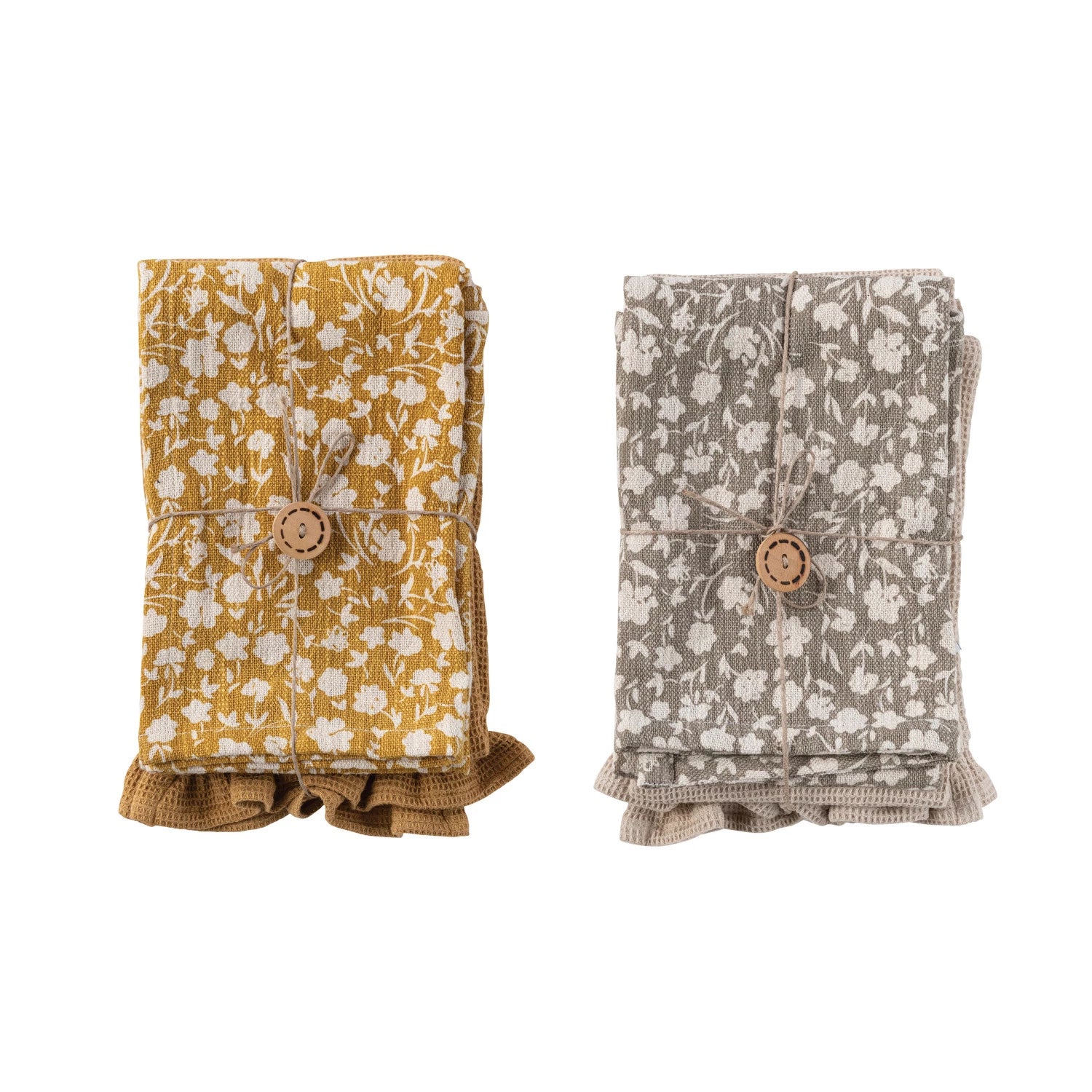 View Creative Co-op - Floral & Waffle Weave Tea Towel Set - Grey