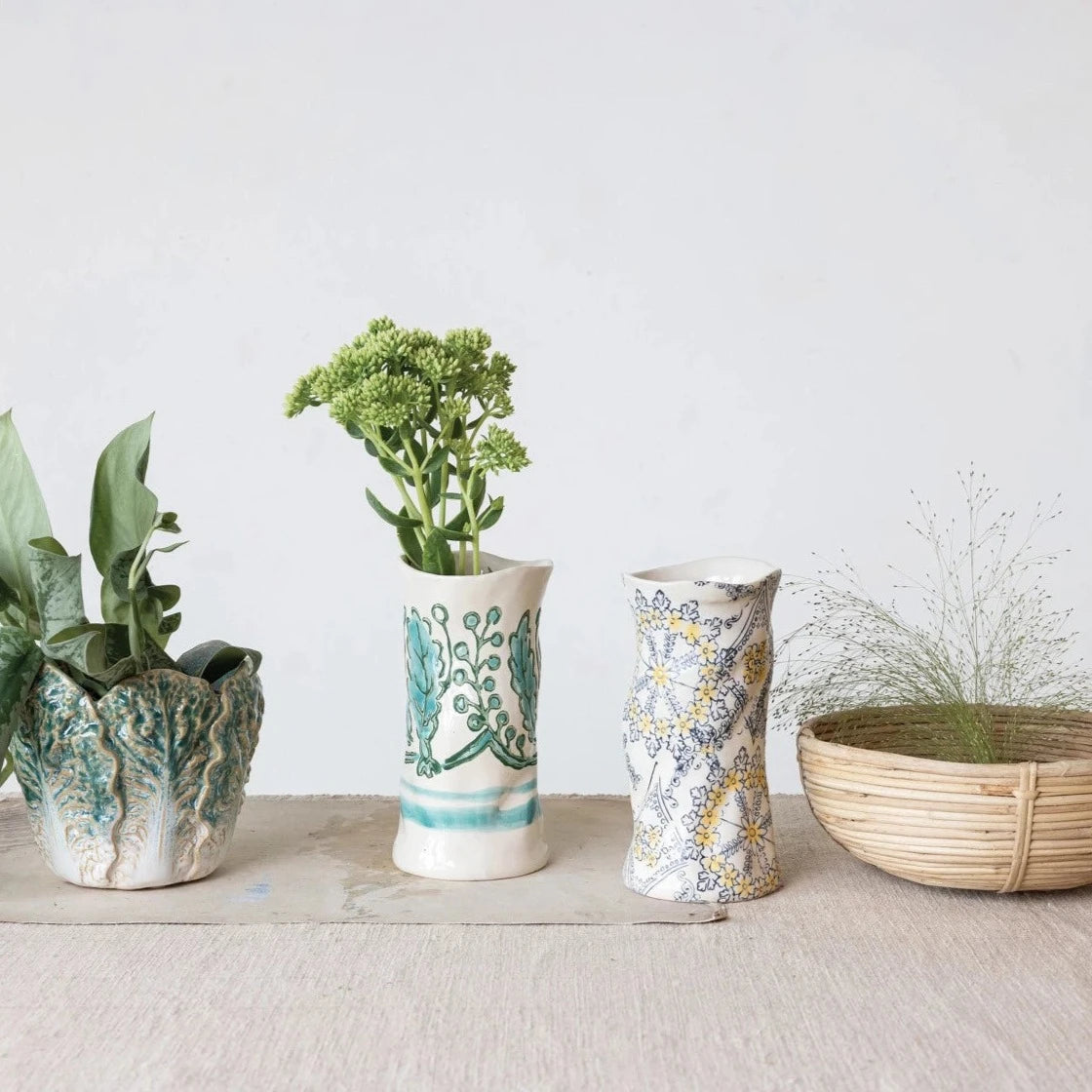 View Creative Co-op - Stoneware Organic Shaped Vase - Leaf Pattern