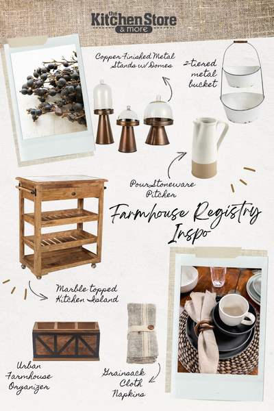 modern farmhouse registry Pinterest graphic for The Kitchen Store & More in Conway Arkansas 