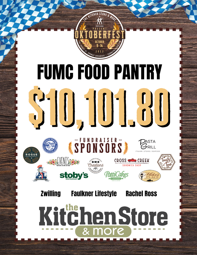 Graphic describing the donation of $10,101.80mmade to the FUMC food pantry from Kitchen Store & More. Sponsor's logos are listed